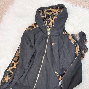 Aviator Nation Set 
Black Hoodie with Leopard Print Accents
